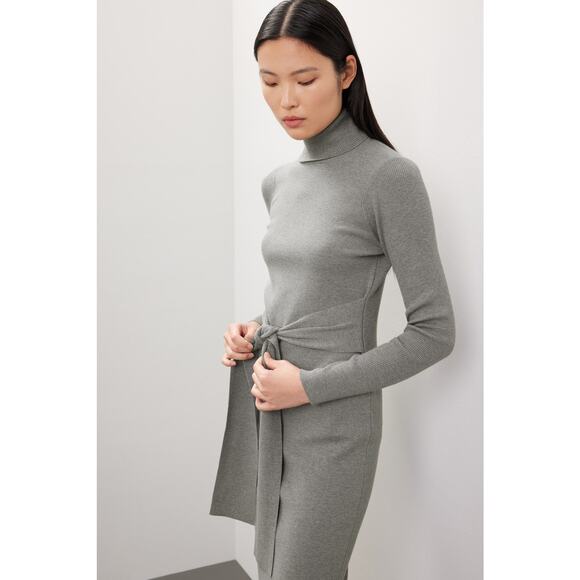 Toccin Gray Knit Tie Front Turtleneck Long Sleeve Sweater Midi Dress Sz M - Picture 2 of 15